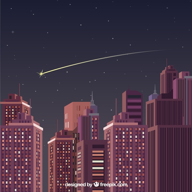 Free vector falling star over a big night city