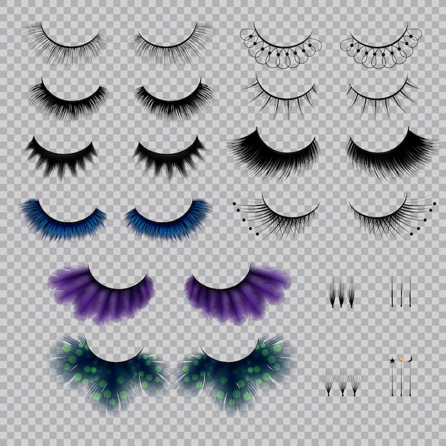 Free vector false eye lashes of various shape and color realistic set