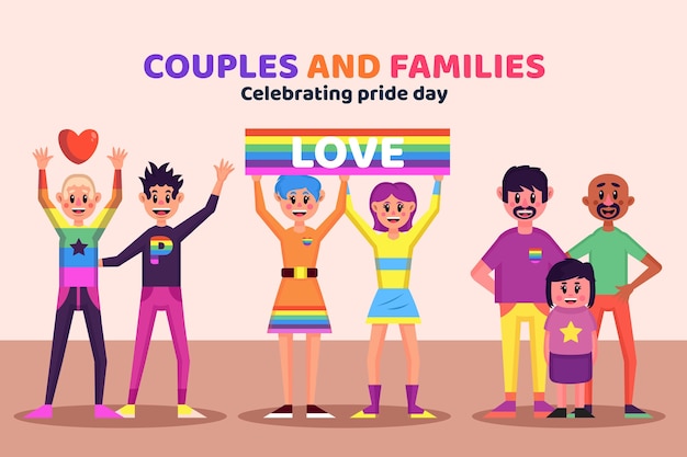 Free vector families and couple celebrating pride day illustration