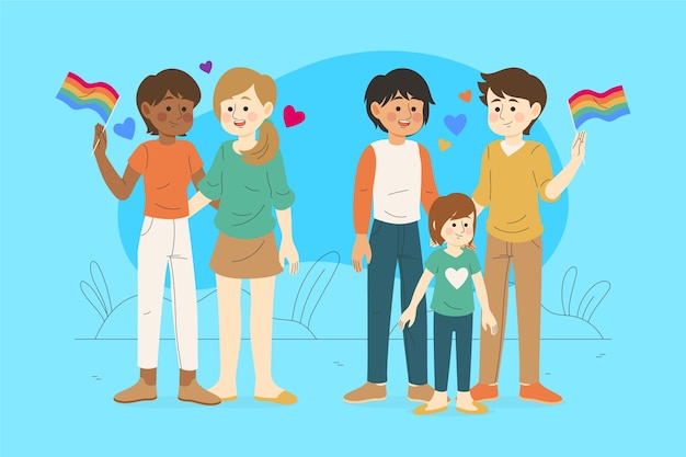 Free vector families with children celebrating pride day