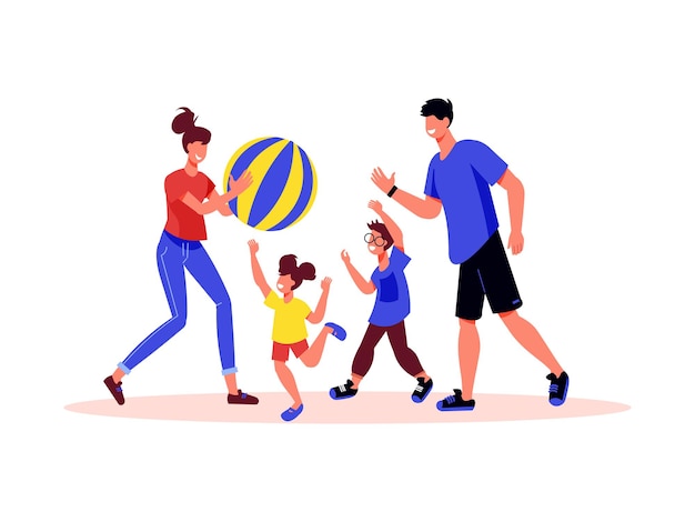 Free vector family active holidays composition with human characters of family members playing ball vector illustration