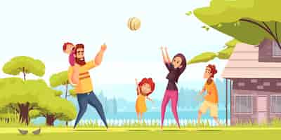 Vettore gratuito genitori felici di vacanze attive della famiglia con i bambini durante il gioco della palla al fumetto di estate all'aperto