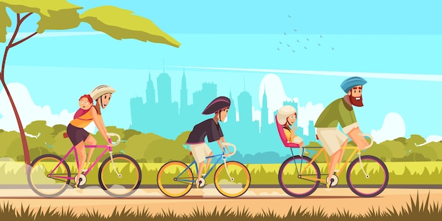 Семейный активный отдых родителей и детей во время езды на велосипеде на фоне городского силуэта мультфильма