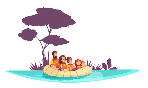 Free vector family active holidays parents and kids in life jackets on inflatable raft cartoon