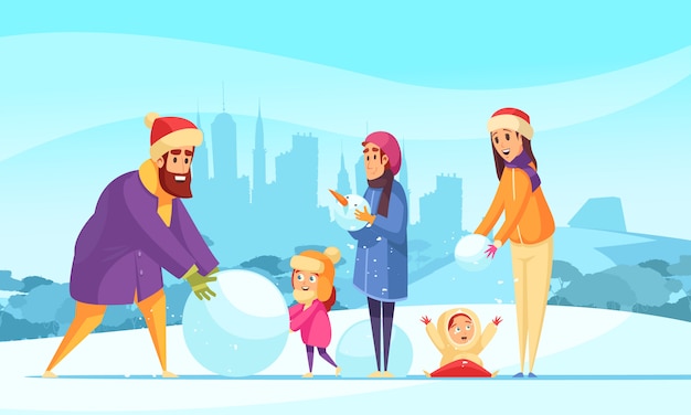 Feste attive della famiglia ai genitori e ai bambini di inverno con le palle della neve sul fondo delle siluette della città