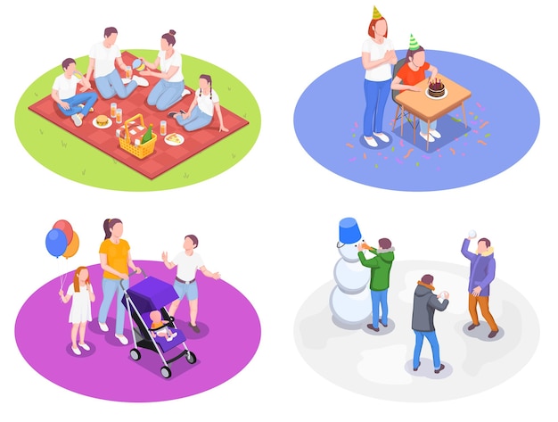 Family activities set of isometric illustration