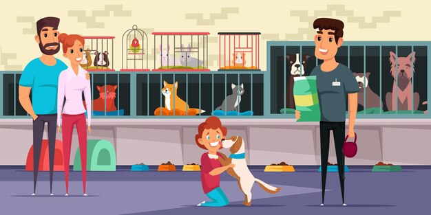 Family adopting puppy young couple happy child and pet shop worker cartoon characters People in animal shelter parents buying dog for kid