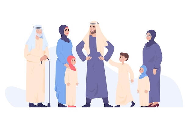 伝統的な服やヒジャーブのアラブの漫画の人々の家族。老いも若きもサウジアラビアのイスラム教徒の男性と女性、夫、妻、子供たちのフラットベクトルイラスト。バナーの宗教、家族、文化の概念