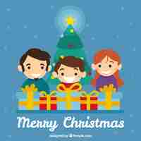 Free vector family background opening christmas gifts
