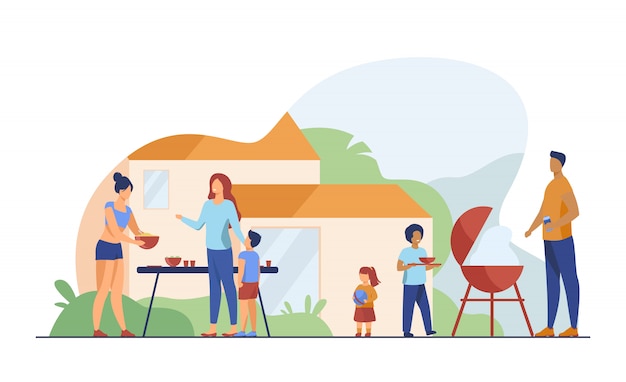 Family on BBQ party on backyard flat illustration