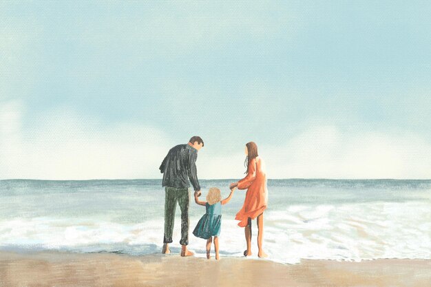 해변 배경 컬러 연필 그림에서 가족