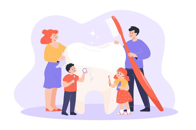 Family brushing huge tooth flat vector illustration. Happy mother, father, daughter and son with toothbrush, dental floss. People taking care of dental health. Hygiene, treatment concept