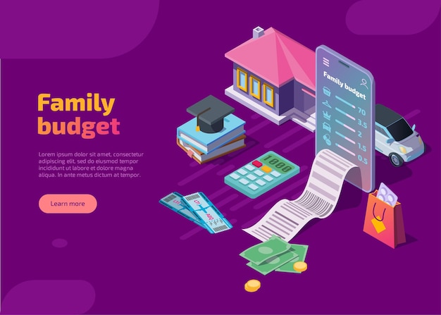 Free vector family budget isometric landing page.