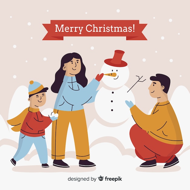 Free vector family building snowman christmas tree christmas background