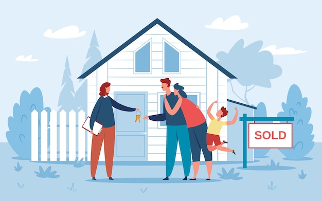 Family buying new house, real estate agent giving keys to buyers. happy couple with kids purchasing property, real estate vector illustration