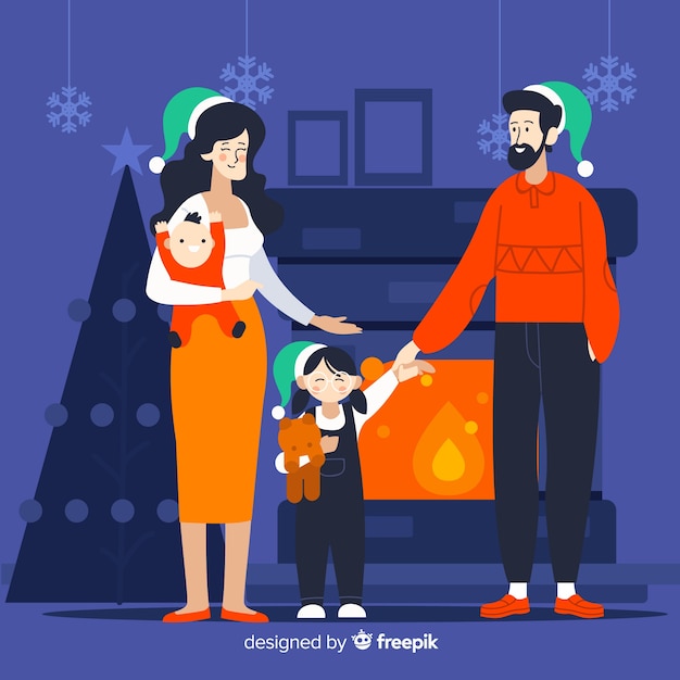 免费矢量家庭在壁炉旁圣诞插图
