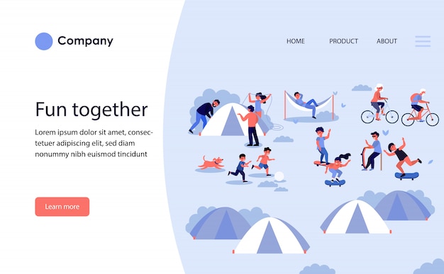 Family camping with tents. website template or landing page