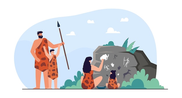 Free vector family of cavemen next to rock with prehistoric drawings. woman and kid drawing with hands flat vector illustration. history, ancient age concept for banner, website design or landing web page