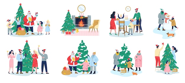Premium Vector | Family celebrating christmas set. family decorating christmas tree for celebration. santa claus with gifts. festive dinner, party for children and office worker.