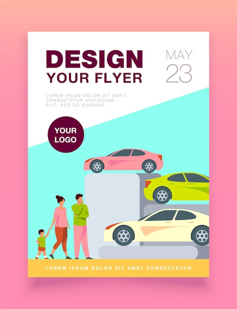 Free vector family choosing new car in automobile store flyer template