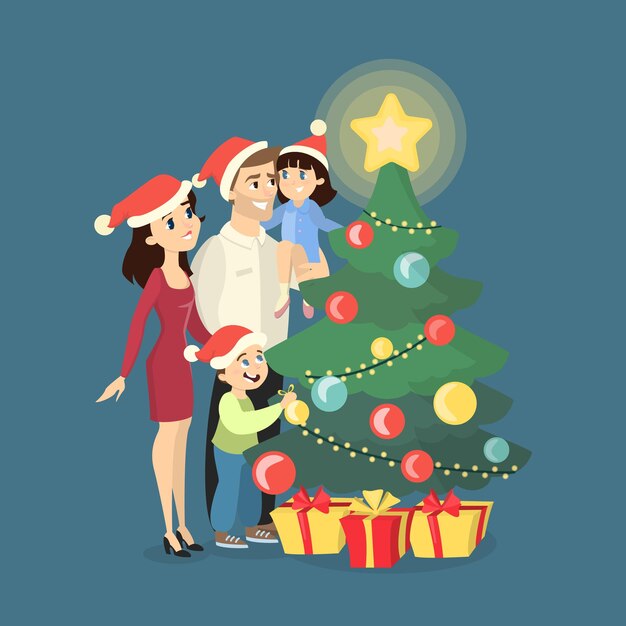 Family at Christmas All members standing near christmas tree in santa hats Tree with bright star
