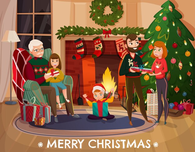 Семейное Рождество Поздравление Иллюстрация