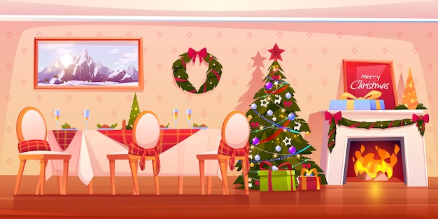 Free vector family christmas dinner scene with fireplace illustration