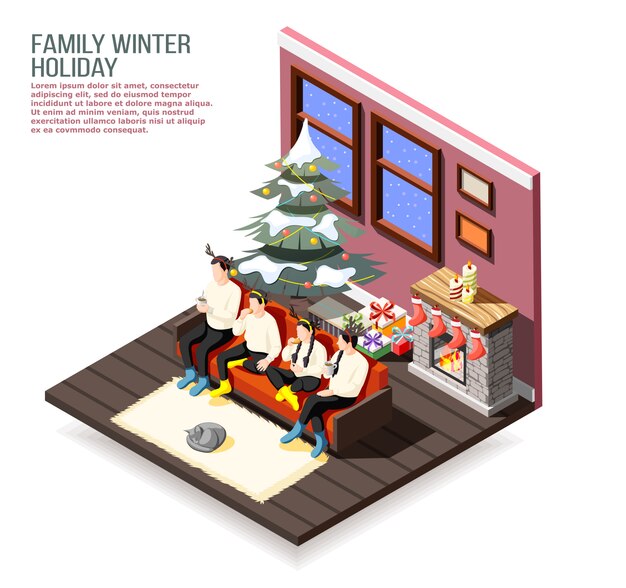 Family christmas holiday isometric composition with parents and kids on sofa in decorated home interior