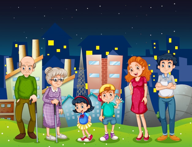 A family at the city standing in front of the tall buildings