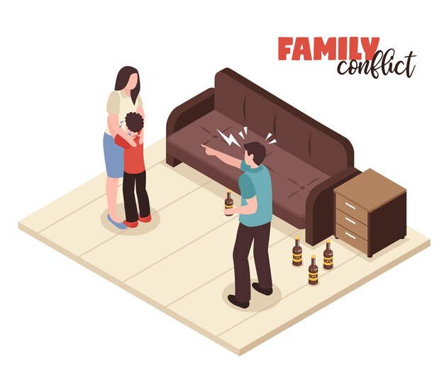 Семейные конфликты из-за ссор и криков символов изометрической иллюстрации