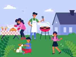 Free vector family cooking barbecue at backyard