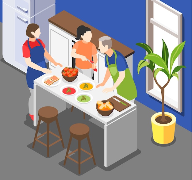 Free vector family cooking isometric illustration