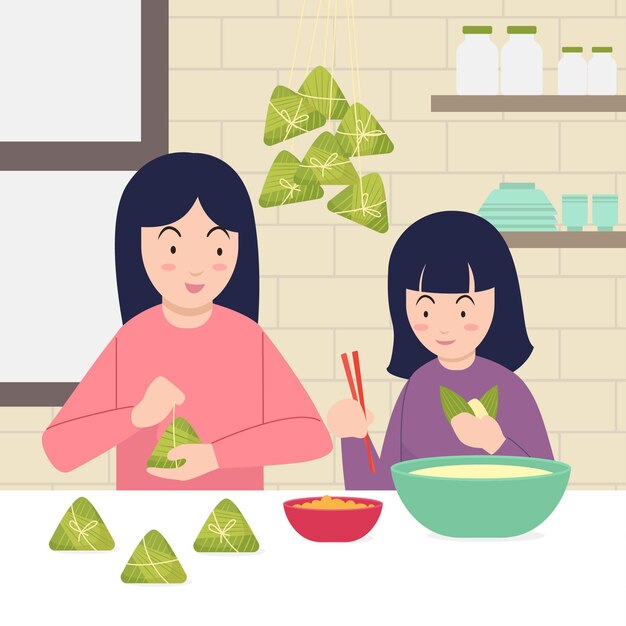 family cooking together zongzi
