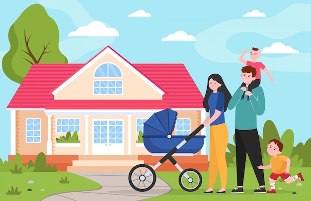 Free vector family couple with kids and stroller walking to suburban house