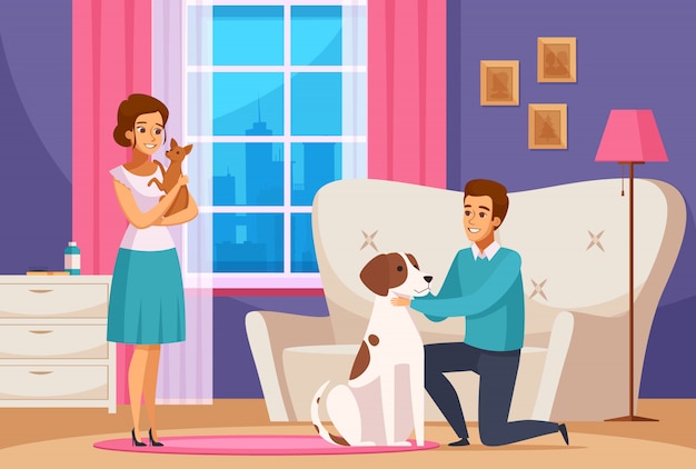 Free vector family couple with pets at home