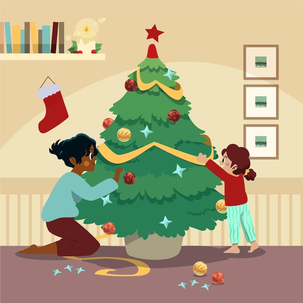 Family decorating the christmas tree together illustrated