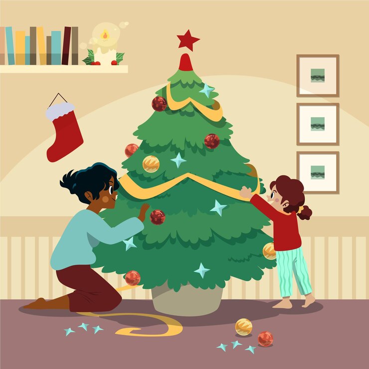 Free Vector family decorating the christmas tree together illustrated