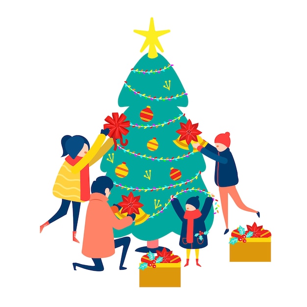 Free vector family decorating christmas tree