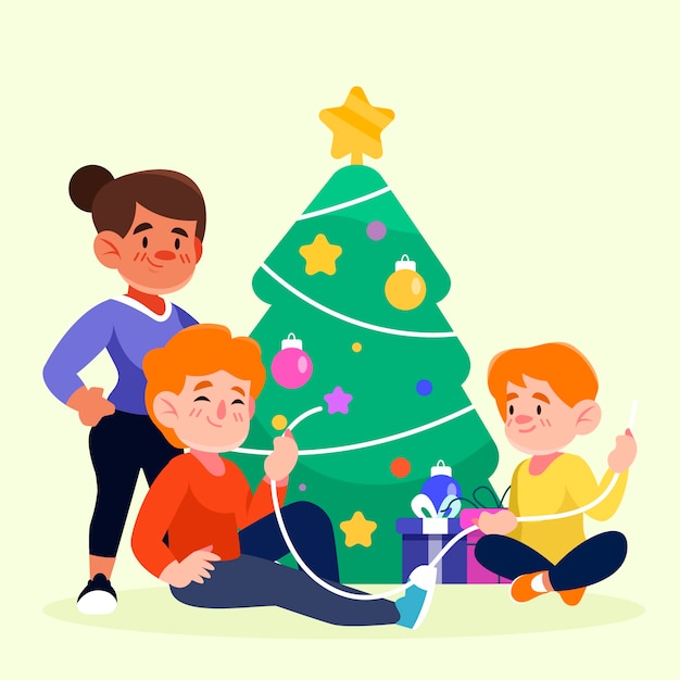 Vettore gratuito famiglia che decora l'albero di natale