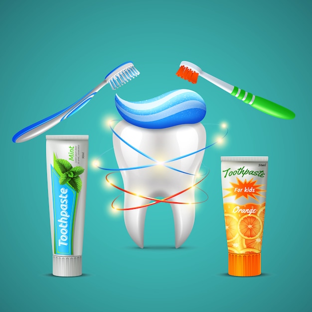 無料ベクター 輝く歯の歯ブラシメントールとオレンジ風味の歯磨き粉チューブと家族の歯科医療現実的な組成