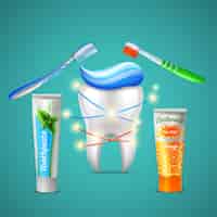 무료 벡터 빛나는 치아 칫솔 멘톨과 오렌지 맛 치약 튜브와 가족 치과 치료 현실적인 구성