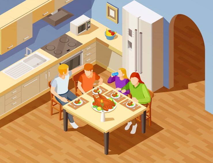 Free Vector family dinner in kitchen isometric image