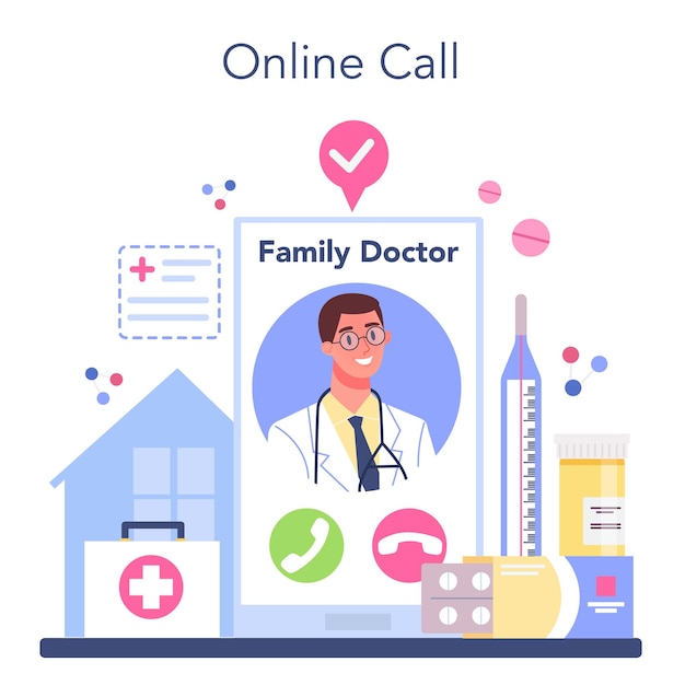 Онлайн-сервис или платформа семейного врача. здравоохранение, современная медицина, экспертиза и диагностика. онлайн-вызов плоская векторная иллюстрация