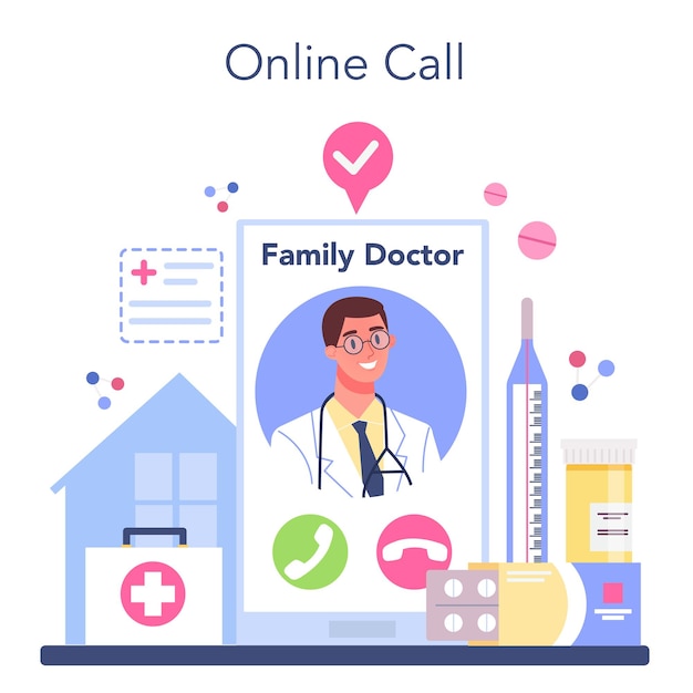 無料ベクター かかりつけ医のオンラインサービスまたはプラットフォームヘルスケア現代医学治療の専門知識と診断オンラインコールフラットベクトルイラスト