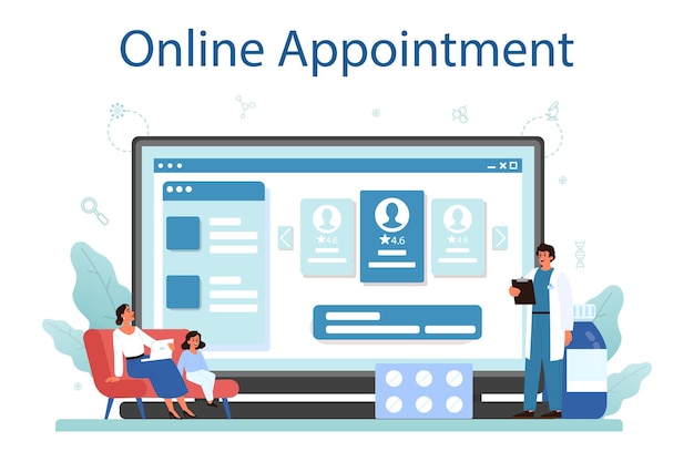 かかりつけ医のオンラインサービスまたはプラットフォームヘルスケア現代医学治療の専門知識と診断オンライン予約フラットベクトルイラスト