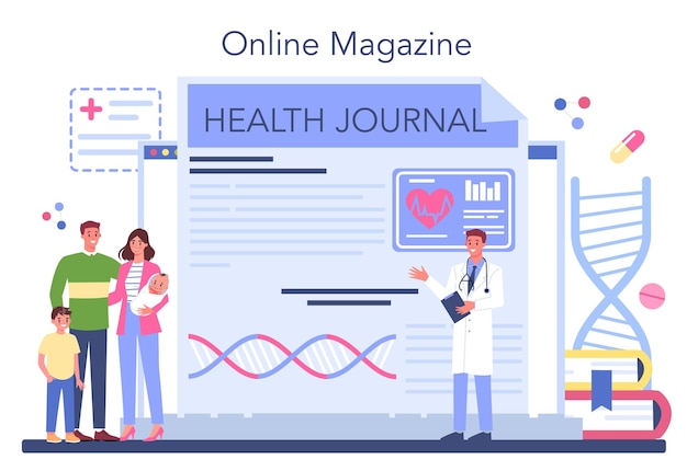 Servizio o piattaforma online del medico di famiglia competenza nel trattamento della medicina moderna e diagnostica rivista online illustrazione vettoriale piatta