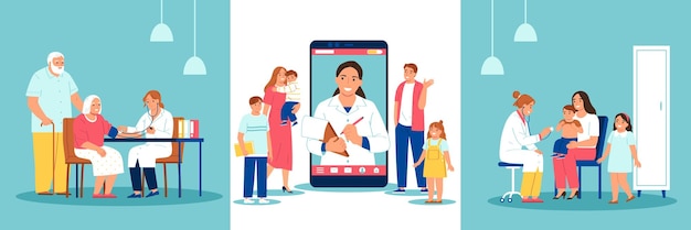 Free vector family doctor set of three square compositions with family members having appointment with doctors and smartphone vector illustration
