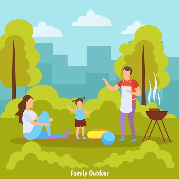 Free vector family doing a barbecue at the park