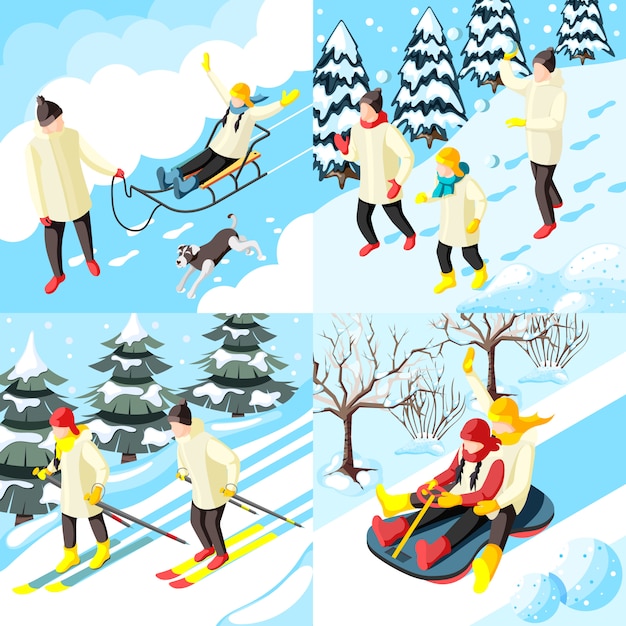 Family during winter holidays sledding game in snow balls and\
skiing isometric concept isolated