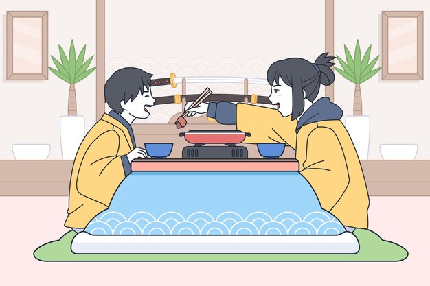 西洋の家マンガスタイルで食べる家族